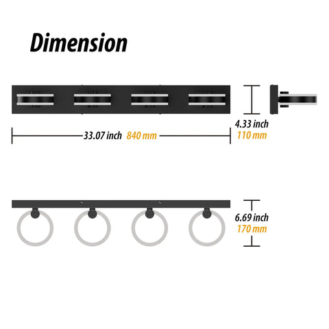 Dimensions of Bold Black 33 Inch LED Vanity Light Four Light Modern Acrylic Wall Sconces With 350 Degree Rotatable Over Mirror