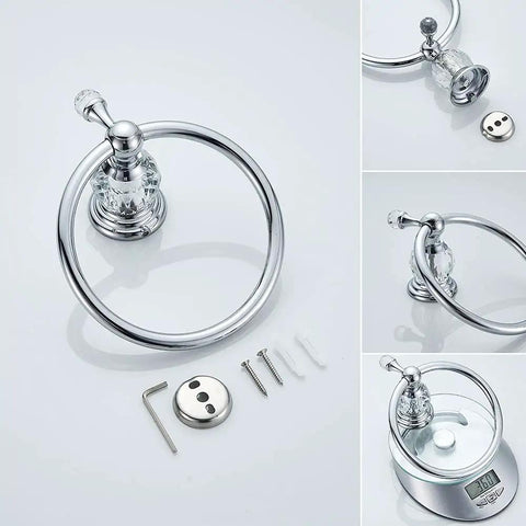 Chrome Towel Ring With Crystal Ball Accents, polished hand towel holder set, bling wall mounted bath accessory with installation parts