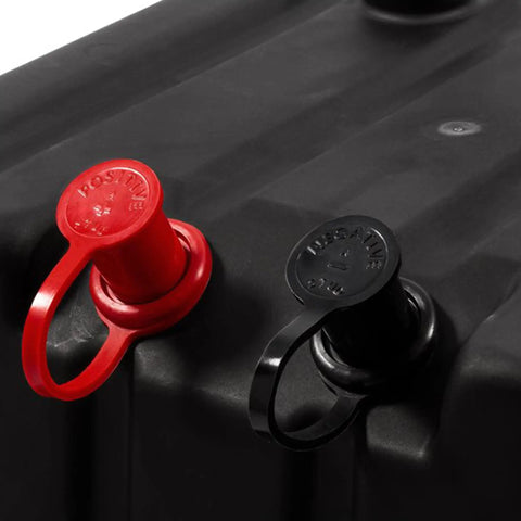 Rock Solid Vented Rv Marine Battery Box with red positive and black negative terminal caps for Group 24 cells.
