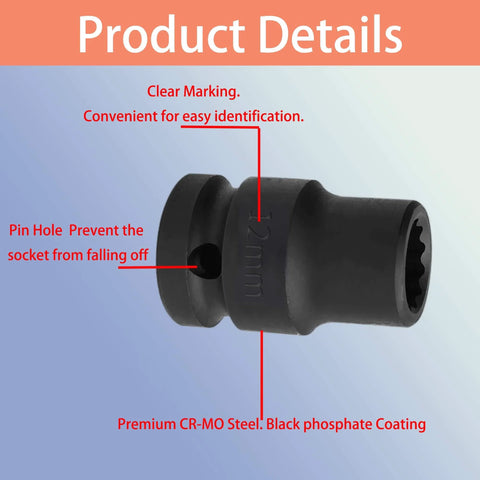 Half Inch Drive 24mm Impact Socket, 12 Point Metric, Shallow Design, CR-MO Steel, side view, product details labeled