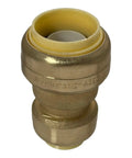 Close-up of a brass push-fit reducer coupling for Pack Of Ten Three Quarter Inch By One Half Inch Push Fit Reducer Couplings For Copper CPVC And PEX Pipes Quick No Solder Clamps Or Glue Easy All In One Joint In Any Pipe Combination For Fast Mess Free Plumbing Installations