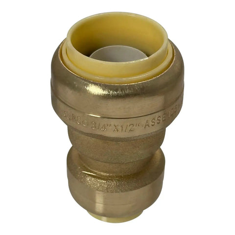 Close-up of a brass push-fit reducer coupling for Pack Of Ten Three Quarter Inch By One Half Inch Push Fit Reducer Couplings For Copper CPVC And PEX Pipes Quick No Solder Clamps Or Glue Easy All In One Joint In Any Pipe Combination For Fast Mess Free Plumbing Installations