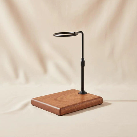 Premium Walnut Coffee Dripper Stand Adjustable Pour Over Holder With Matte Copper Aluminum Bracket and Textured Loop, side view.