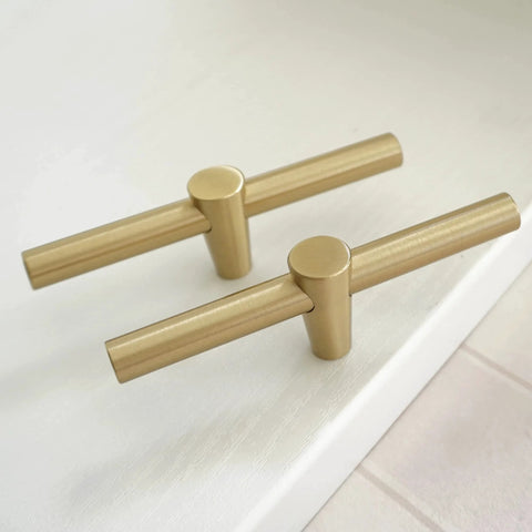 Brushed Brass Cabinet Knobs 4 Pack T Bar Cabinet Pulls Gold Finish 3.9 Inch Length Single Hole Drawer Handles Solid Copper