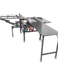 Pro Grade 220V Woodworking Table Saw With Dust Free Housing And Smooth Four Way Swing Arm For Razor Sharp Precision Cuts Includes Eight And Four Inch Blades Solid Shop Bench Tool showing assembly with handles and metal table.