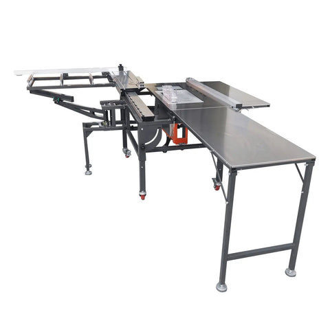 Pro Grade 220V Woodworking Table Saw With Dust Free Housing And Smooth Four Way Swing Arm For Razor Sharp Precision Cuts Includes Eight And Four Inch Blades Solid Shop Bench Tool showing assembly with handles and metal table.