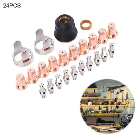 Top Tier 24 Pcs Plasma Cutter Consumables Set For Yeswelder Cut 55ds Pro And 65ds Torch Parts, featuring copper nozzles and ceramic rings.