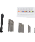 Hand Drill Bit Set Kit With 57 Pieces, Dope 46 Micro Drill Bits And 10 PCB Mini Bits, displayed with pin vise