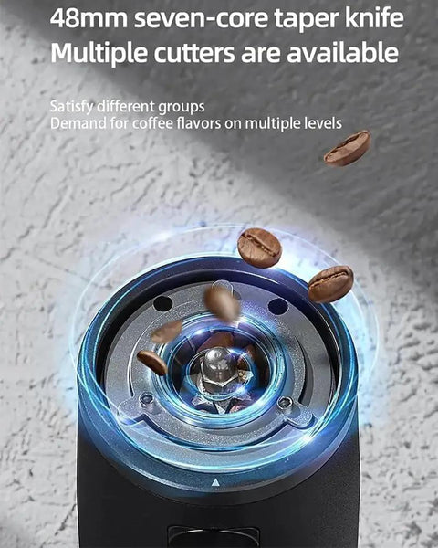 Close-up of 48mm seven-core taper knife in Compact Portable Electric Coffee Grinder with coffee beans above.