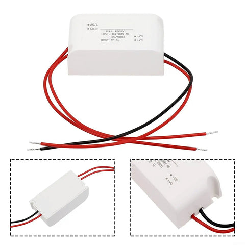 Built Tough AC DC Power Supply Module 5V 1A 5W Step Down Converter with red and black wires for easy connection.