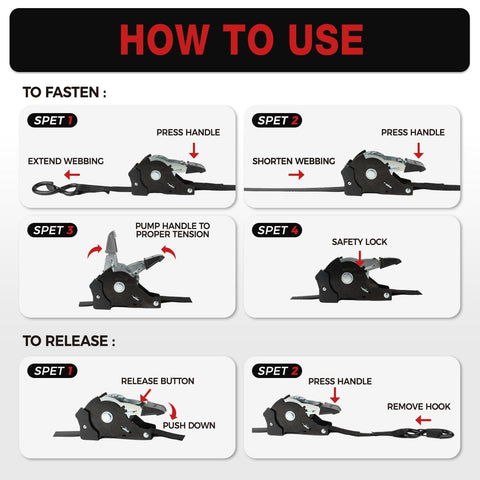 Heavy Duty Self Retracting Tie Down Straps 1 Inch By 12 Feet With Soft Loops, 1500 Pound Break Strength, Four Pack use instructions