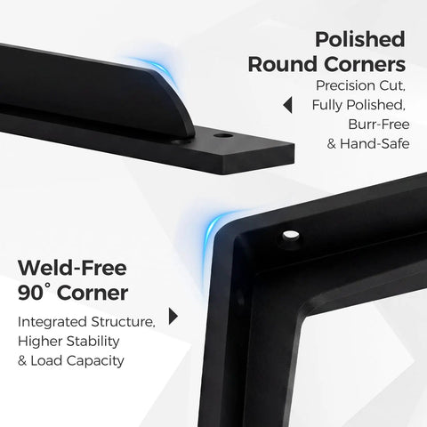Close-up of Heavy Duty L Shelf Brackets Set showing polished round corners and weld-free 90-degree matte black construction