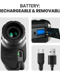 High Accuracy Golf Rangefinder With Slope And Removable Rechargeable Battery showing battery compartment and charging cable.