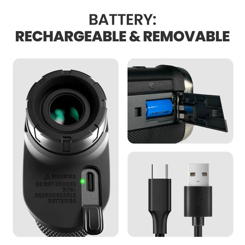 High Accuracy Golf Rangefinder With Slope And Removable Rechargeable Battery showing battery compartment and charging cable.