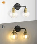Two Light Bathroom Vanity Light Over Mirror With Clear Glass Shades Matte Black And Antique Brass Finish Farmhouse Wall Lights For Bathroom Industrial Rustic Modern Decor Upgrade KW-7221-2 shown with lights on and off