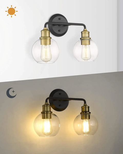 Two Light Bathroom Vanity Light Over Mirror With Clear Glass Shades Matte Black And Antique Brass Finish Farmhouse Wall Lights For Bathroom Industrial Rustic Modern Decor Upgrade KW-7221-2 shown with lights on and off