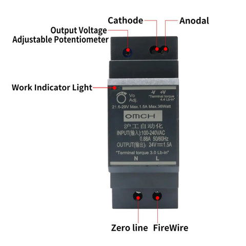 Ultra Slim DIN Rail 24V DC Power Supply 1.5A 36W For PLCs Relays Sensors And Controllers Wide Input For Industrial Automation And Building System Installations with terminals and adjuster