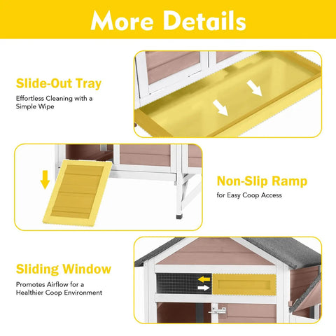 Details of Cozy Two Chickens Outdoor Wooden Chicken Coop with expandable run, non-slip ramp, slide-out tray, and sliding window.