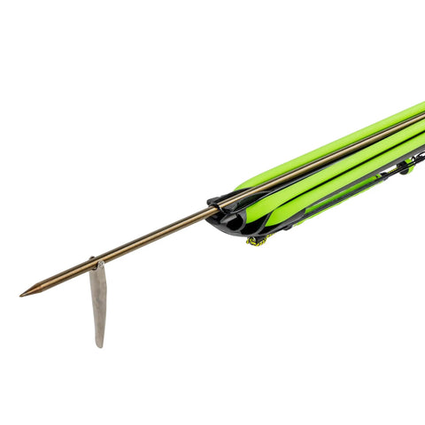 Tip of Reaper 90cm Railgun Speargun For Spearfishing And Freediving, showing stainless shaft, aluminum barrel, nitro bands.