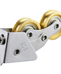 2 Pack Gutsy Sliding Door Rollers Heavy Duty Stainless Steel Cabinet Hardware Pantry Door Wheels showing stainless steel roller with gold wheels.