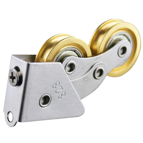 2 Pack Gutsy Sliding Door Rollers Heavy Duty Stainless Steel Cabinet Hardware Pantry Door Wheels showing stainless steel roller with gold wheels.