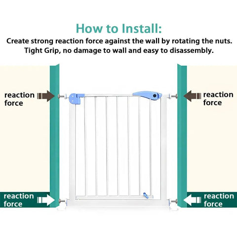 Installation guide for Heavy Duty M10 Gate Adapters 4 Pack showing pressure application against walls for secure fit.