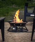 Portable Propane Fire Pit 21 Inch Smokeless Gas Firebowl With 58,000 BTU No Mess Campfire on patio with chairs