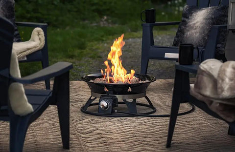 Portable Propane Fire Pit 21 Inch Smokeless Gas Firebowl With 58,000 BTU No Mess Campfire on patio with chairs