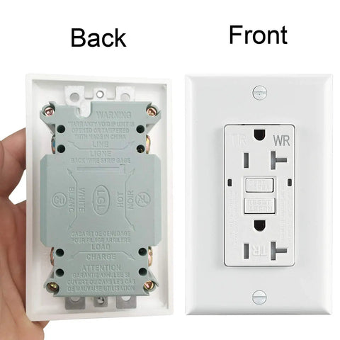 Back and front view of 20 Amp Weather Resistant GFCI Duplex Wall Outlet with LED Indicator, Tamper Resistant