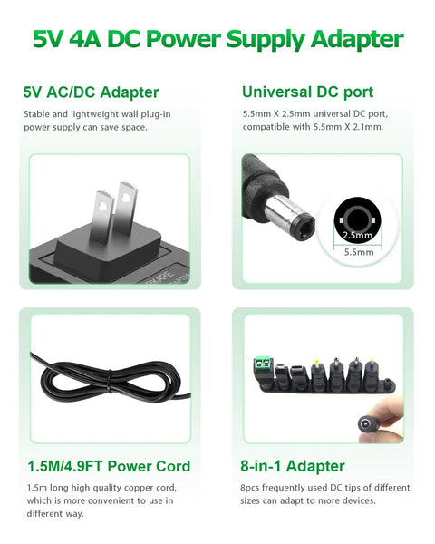 5V 4A Power Supply Adapter 20W AC DC Charger 100V 240V Input To DC 5V 4A Output For Jetson Nano Raspberry Pi Security Camera Monitor Graco Swing With Eight Tips And Flexible Cable Included Plug And Play Ready, showing components like plug, DC port, power cord, and adapter tips.