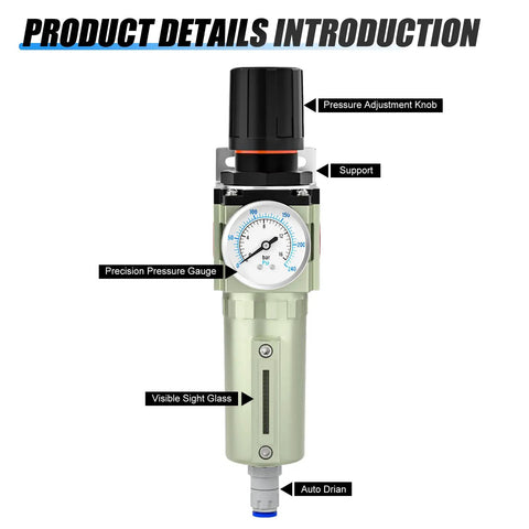 Beefy Heavy Duty Industrial Air Filter with Auto Drain Moisture Separator Particulate Filter and Regulator 3/4 Inch NPT front view