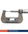 Pro Grade Small Head Thin Rod Mechanical Outer Diameter Micrometer For Spline Shafts And Tight Slots 0 To 25 Mm Range showing detailed measurements.