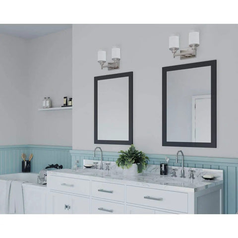 Alexa Collection 2 Light Bath Vanity Light with Dope Etched Linen Glass and Brushed Nickel Finish above bathroom mirrors.