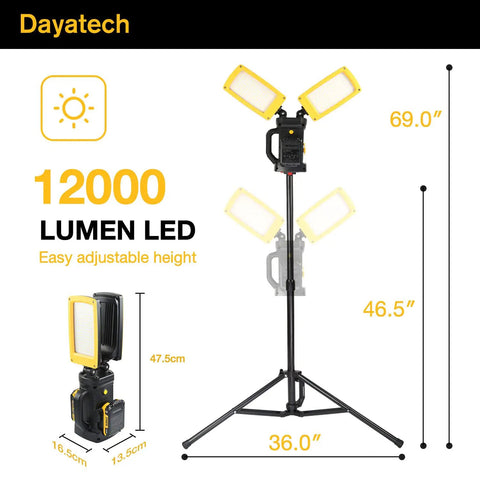 12000LM Cordless LED Work Light With Dual Head And Tripod Stand, adjustable brightness, shown with size dimensions for Dewalt, Milwaukee, Makita batteries.