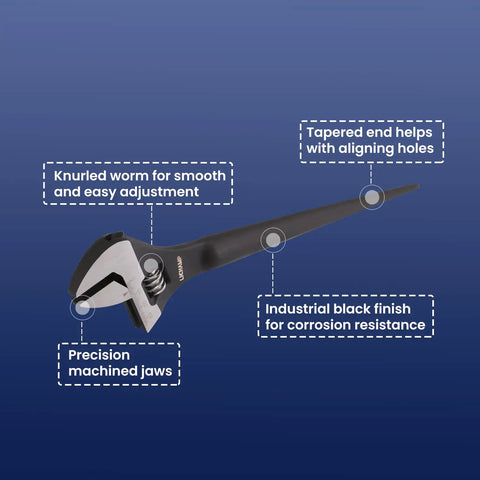Image of a spud wrench from the Three Piece Spud Wrench Set Heavy Duty featuring knurled worm, tapered end, and industrial black finish.