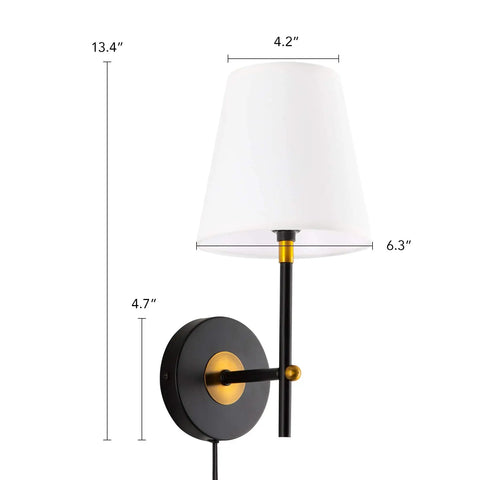 1 Light Wall Sconce with Plug In Cord and White Fabric Shade in Matte Black Finish Easy Install Wall Mount Vanity Lamp dimensions