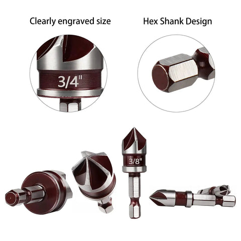 Built Tough Countersink Drill Bit Set With 82 Degree Five Flutes And Quick Change Hex Shank For Wood, Metal, And Plastic