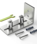 Bottom Floor Guide For Barn Doors Adjustable Stainless Steel Roller Wall Mounted Sliding Door Guide For Door Thickness Up To Two And One Eighth Inches Easy Installation Smooth Quiet Operation Flush Bottom Design No Groove Install showing stainless steel roller and screws.