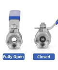 Top Shelf Female Threaded Ball Valve Switch Featuring A Hella Smooth Spin Handle For Bulletproof Fluid Shutoff And Leak Free Pipeline Work; fully open and closed views.