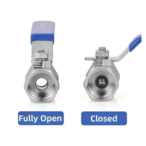 Top Shelf Female Threaded Ball Valve Switch Featuring A Hella Smooth Spin Handle For Bulletproof Fluid Shutoff And Leak Free Pipeline Work; fully open and closed views.