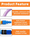 Purple Reinforced Polyurethane Air Hose Product Feature Highlights with Abrasion Resistance, Anti-Freezing, and Universal Air Coupler