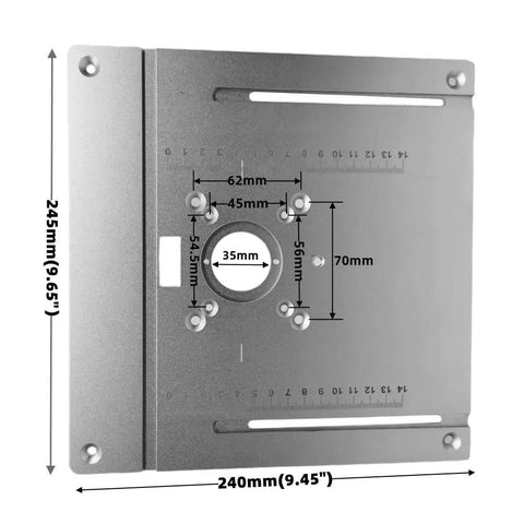 Rock Solid Aluminum Router Table Insert Plate Set Heavy Duty Guide Template showing dimensions and screw holes for accurate wood milling.