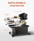 Heavy Duty Metal Horizontal Band Saw with cast iron body and 5/8 TPI steel blade for boss level cutting, dual 110/220V, 1.1 kW motor
