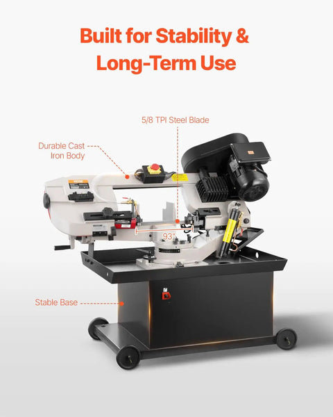 Heavy Duty Metal Horizontal Band Saw with cast iron body and 5/8 TPI steel blade for boss level cutting, dual 110/220V, 1.1 kW motor