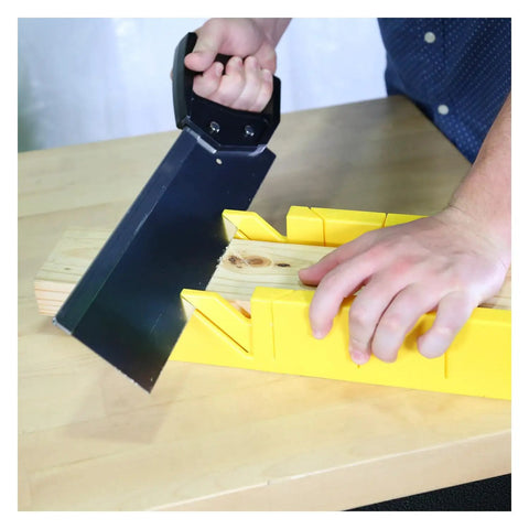 Rugged Miter Box And Back Saw Set For Trim And Molding, 12 Inch Box With 14 Inch Back Saw in use, cutting wooden board