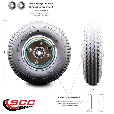 Heavy Hitter 8 By 2 5 Inch Gray Pneumatic Wheel With Ball Bearing Axles And Snug 3.1875 Inch Centered Hub side view