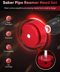Red Saker pipe reamer head set, connected to a drill, showing features and capabilities for precision and compatibility