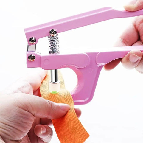 Premium Pink Snap Button Kit With Heavy Duty Aluminum Pliers And Full Die Set Including Resin Metal Snaps Plus Eyelet Grommets in use on fabric.