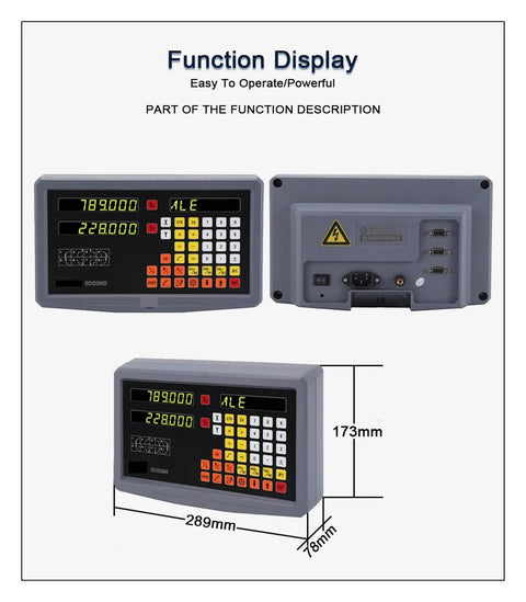 Two Axis DRO Digital Readout For Milling Lathe Grinder And CNC Tools with front and side views, dimensions labeled.