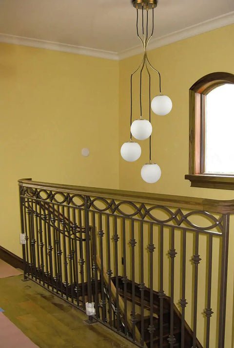 Dope Mid Century Modern Pendant Lighting Four Light Globe Chandeliers With White Opal Glass Shades And Brass Finish for stairway